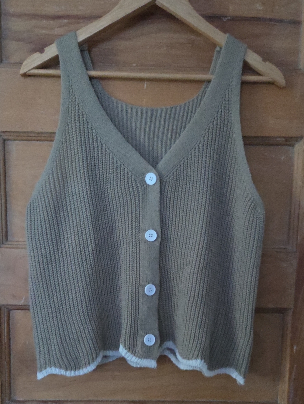 NWOT Taupe Knit Sweater Vest, Ribbed V-Neck Button Front Tank with White Detail